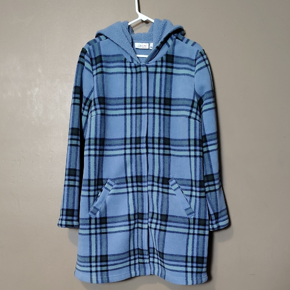 D & Co Blue Plaid, Hooded, Full Zip/Button, Fleece, Lined Jacket Size  M